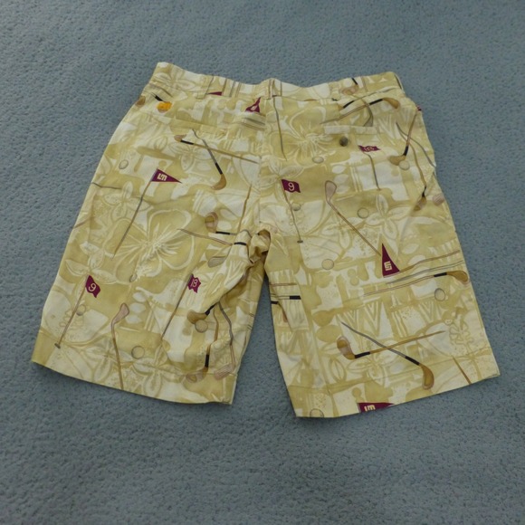 Loudmouth Golf Shorts Mens 36 Tan Floral Golf Club Flag Novelty Print Stretch - Picture 2 of 10